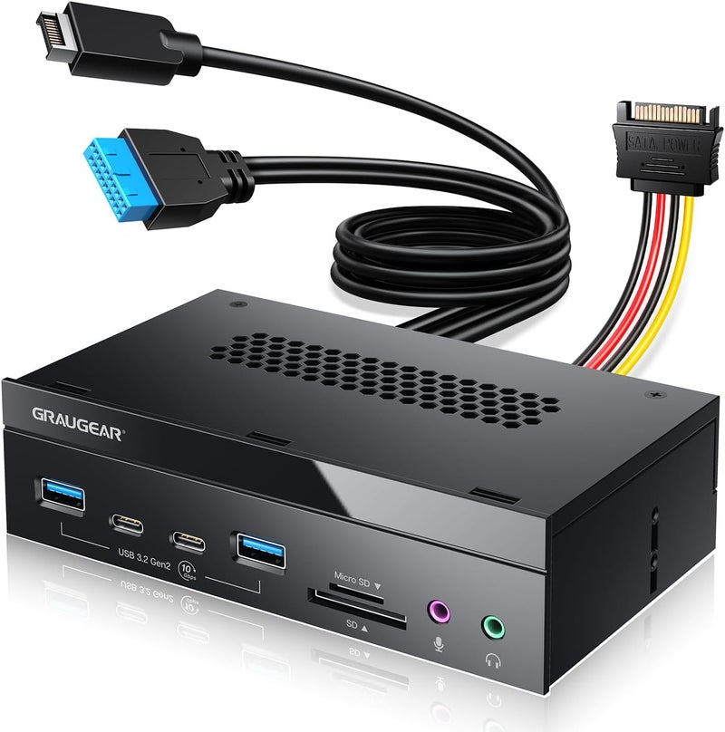 GRAUGEAR 5.25 Inch 10Gbps USB 3.2 PC Front Panel Card Reader with Audio Ports, SD/microSD Internal Card Reader, USB3.2 Type-E Key-A 20-Pin Header & USB3.0 Header & 15-Pin SATA Power Connector Required - Image 1